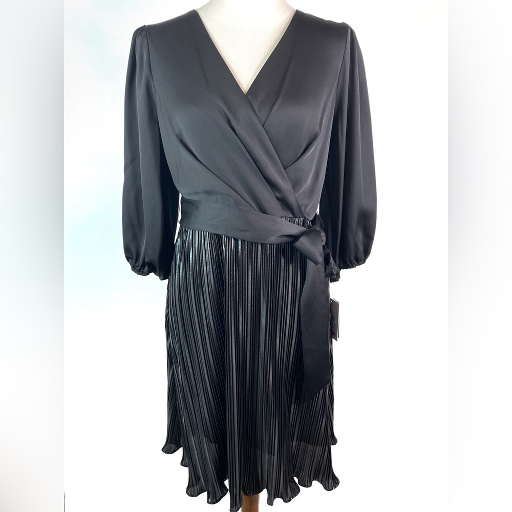 DKNY Wrap Bodice Pleat Dress 3/4 Sleeve